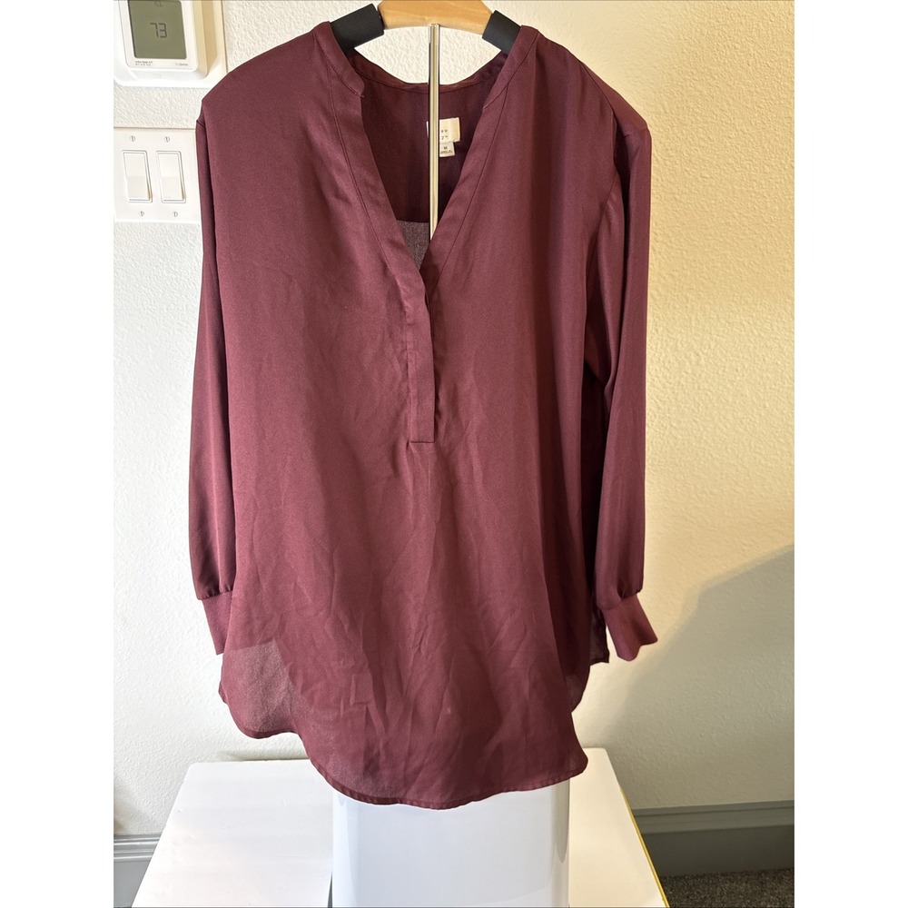 A New Day Women's V Neck Cuff Long Sleeve Side Slit‎ Pullover Maroon Size Medium